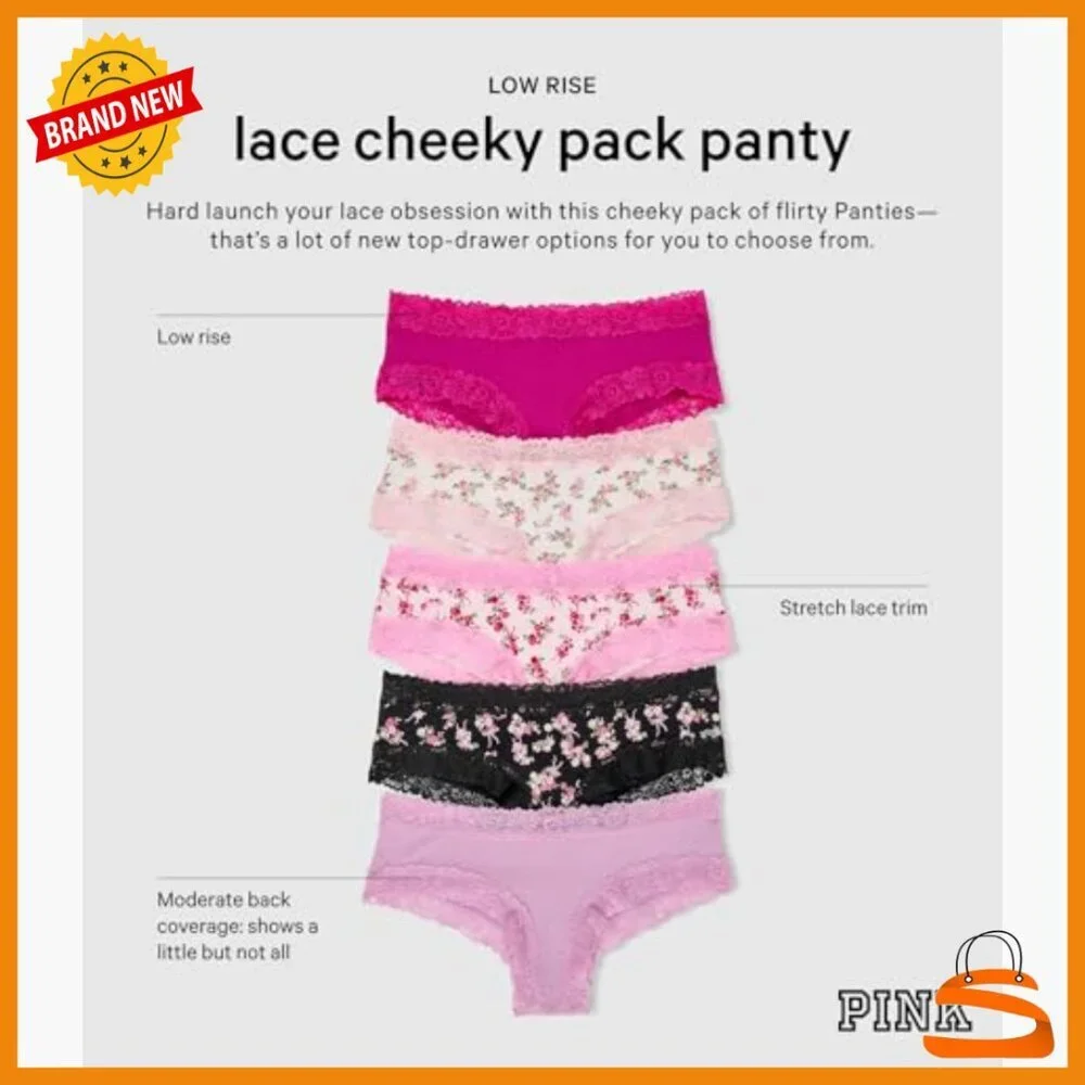 Lace Cheeky Panties Pack, Low Rise Bikini Style, Nylon Blend, XS-XL
